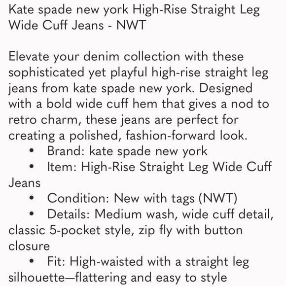 KATE SPADE Jeans NWT Wide Leg Cuffed High Waist Dark Wash Size 10 - Picture 6 of 7